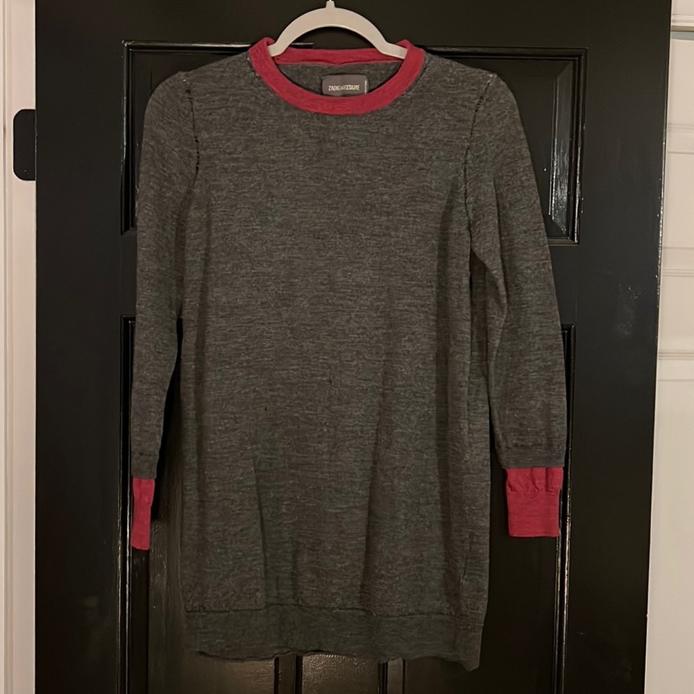 Zadig & Voltaire Distressed Sweater Dark grey with maroon detailing :: Sz Small